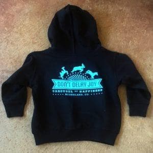 Black hoodie with cyan carousel graphic and text