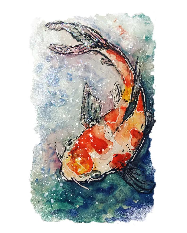 Abstract ink and watercolor rendering of a red koi fish with fluid, gestural brushwork and soft color gradations.