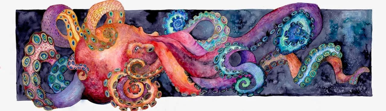 Surreal three-dimensional clay octopus with curling, jewel-toned tentacles and decorative ceramic details.