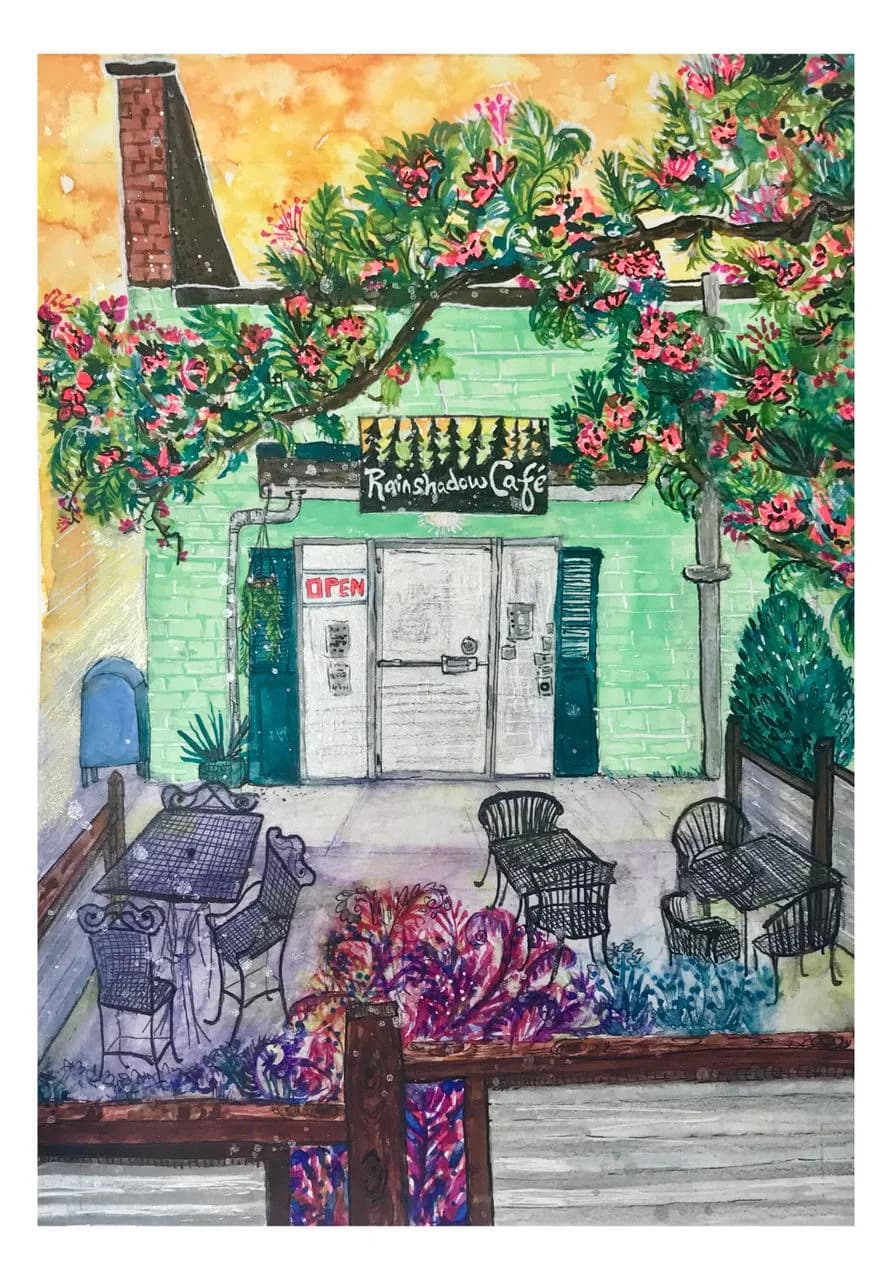 A charming storefront facade with an open door, vibrant flowering vines, and outdoor seating rendered in mixed media illustration.