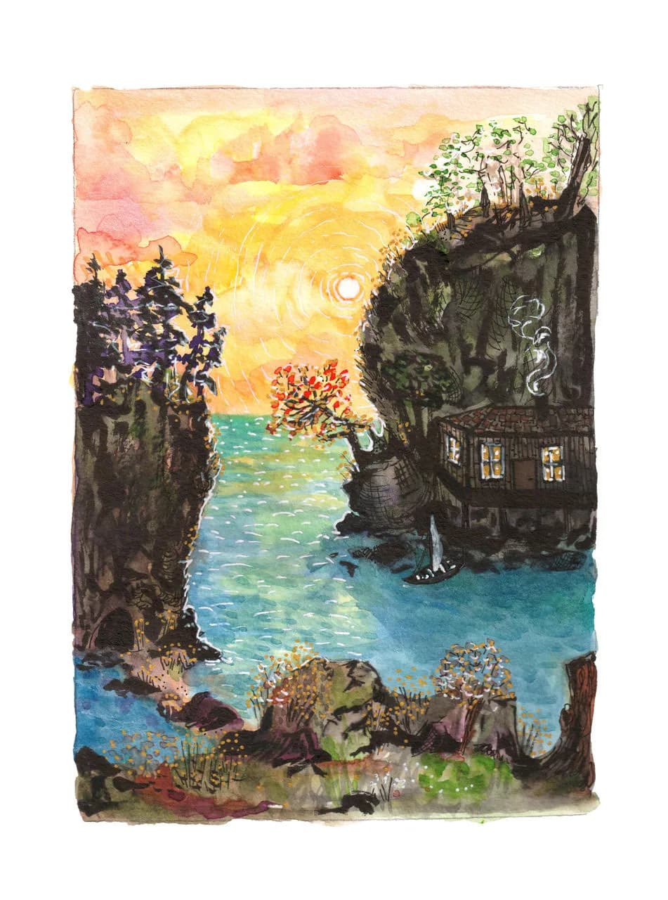 A fantastical coastal landscape with a radiant sunset, dark cliff frames, and a mystical creature by a waterside dwelling.