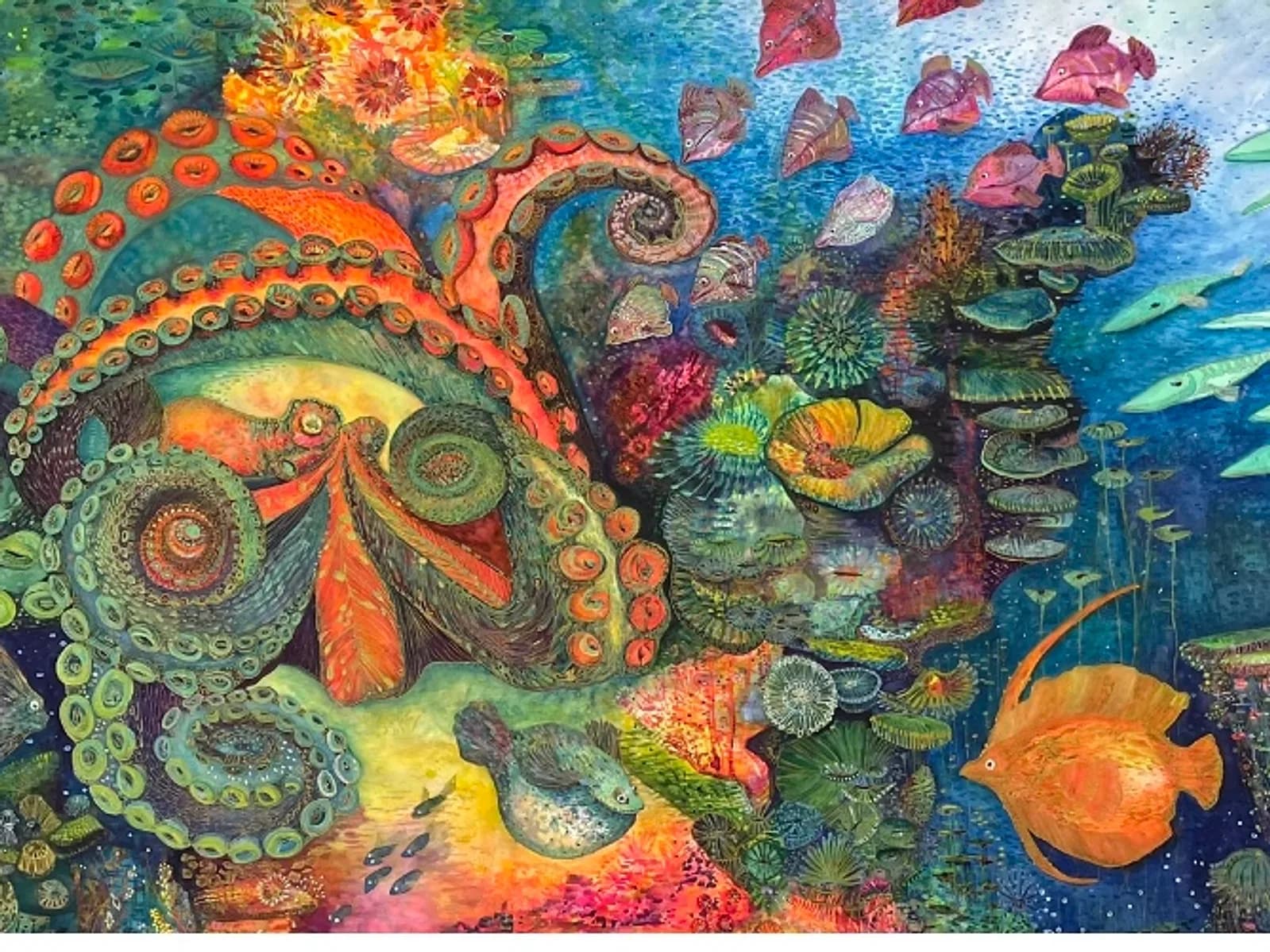 A surreal underwater scene featuring a colorful octopus, tropical fish, and intricate coral and anemone forms rendered in mixed media.