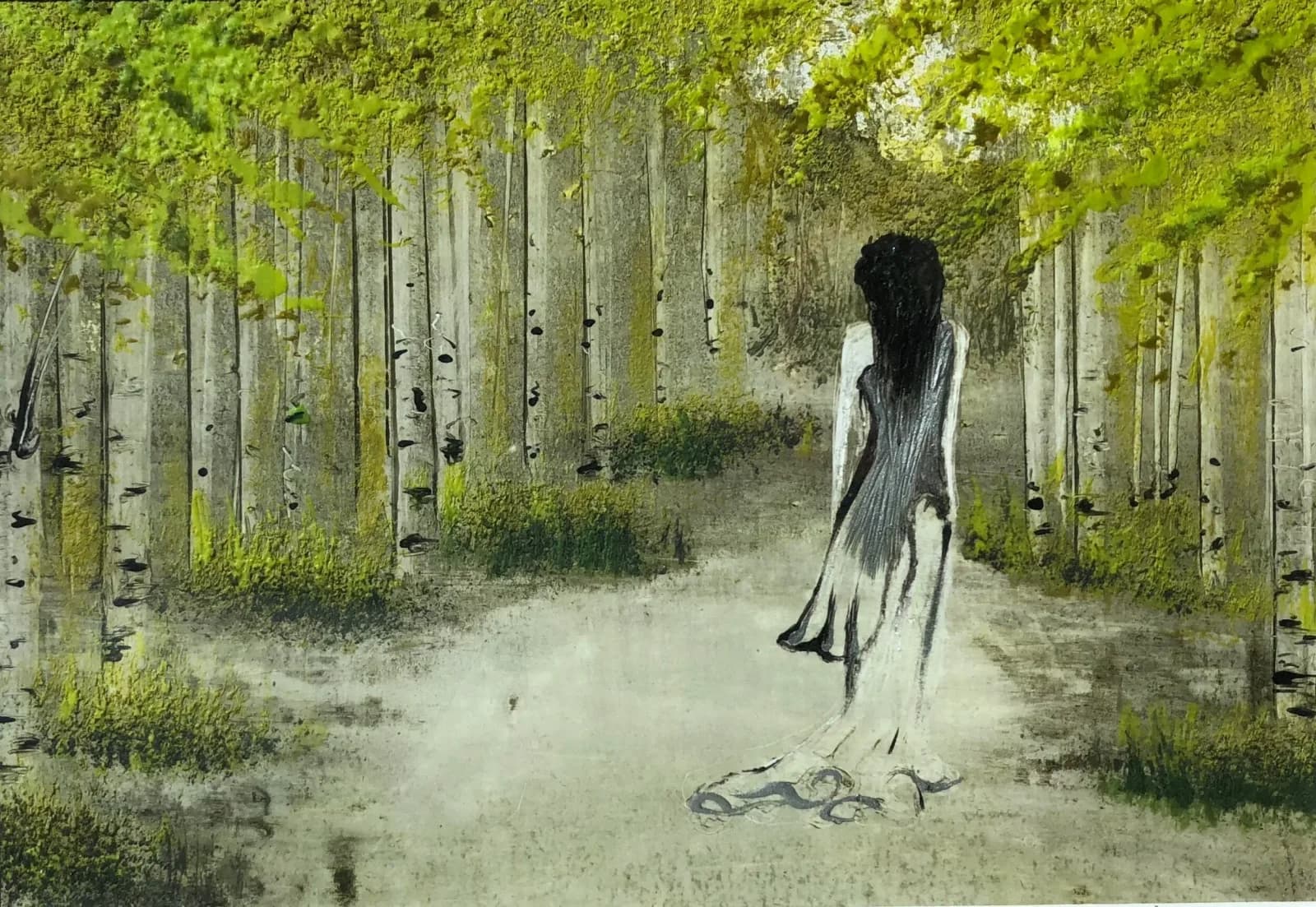 A ghostly female figure stands in a misty aspen grove, rendered in ink and watercolor with ethereal, dreamlike qualities.