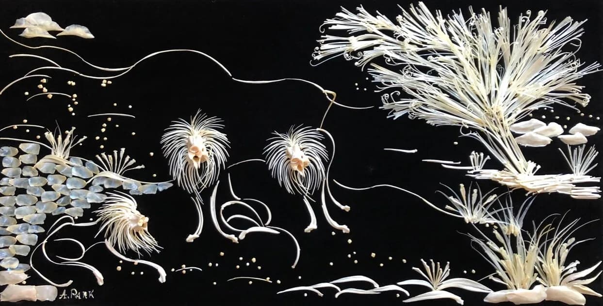 Two ethereal lion-like creatures among tall grasses against a black background, rendered in white ink.