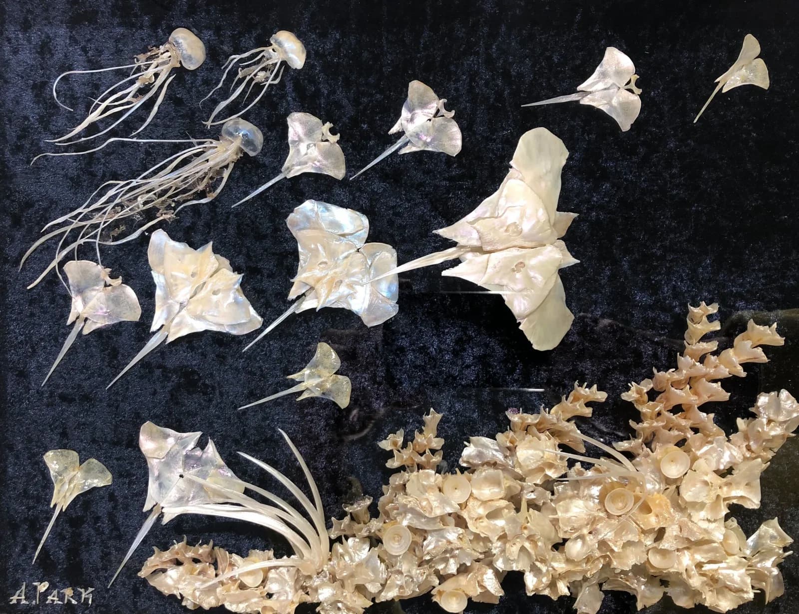Glass jellyfish and coral forms arranged against a dark blue textile background.
