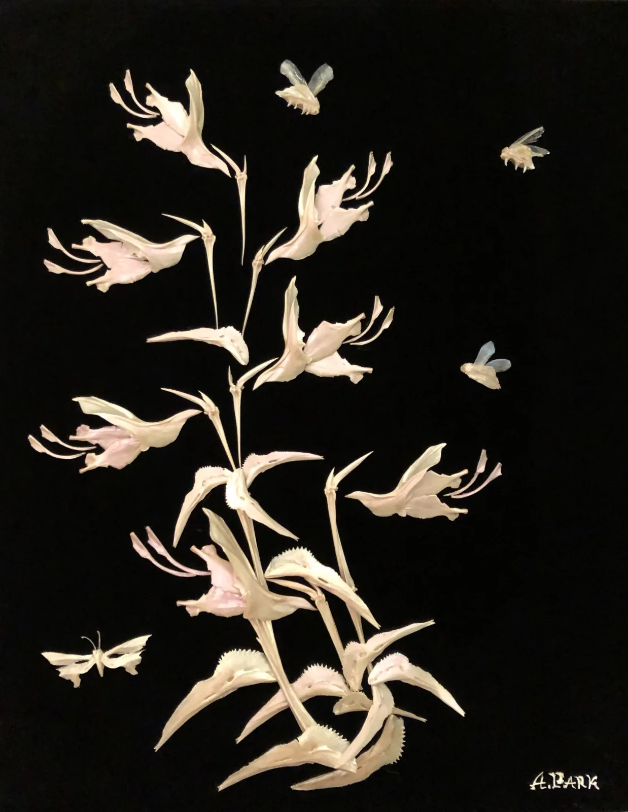 Pale tubular flowers with hovering moths against a deep black ground, rendered in acrylic.
