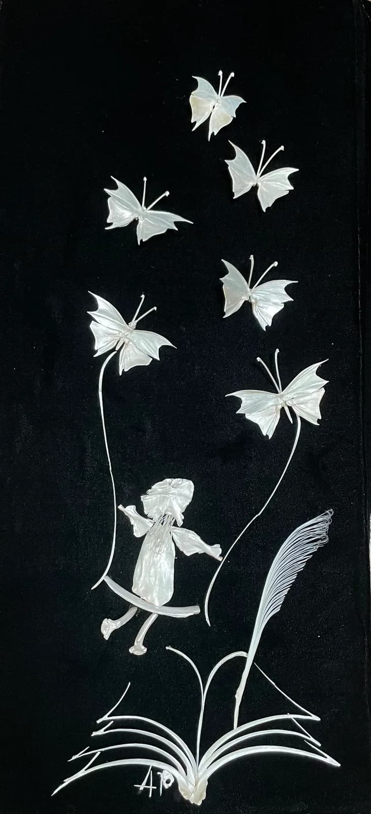 A child figure stands amid flowering plants with white butterflies, rendered in ink on dark ground.