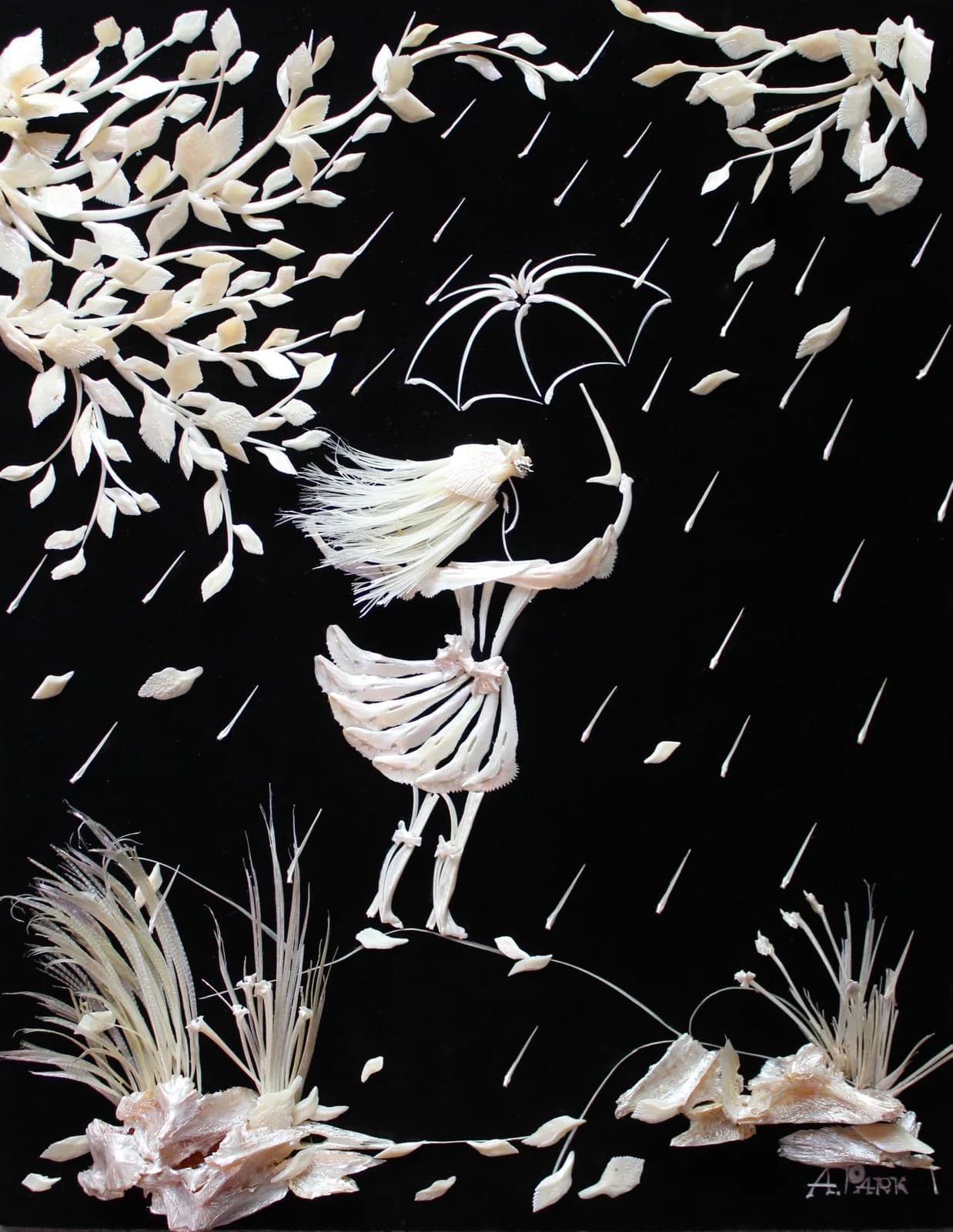 A delicate figure in flowing garments holds an umbrella amid falling rain and swirling petals against a black background.