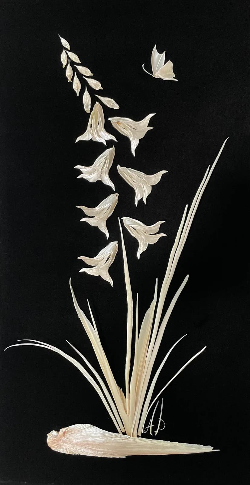 Bell flowers with butterfly rendered in ink and gouache on black paper.