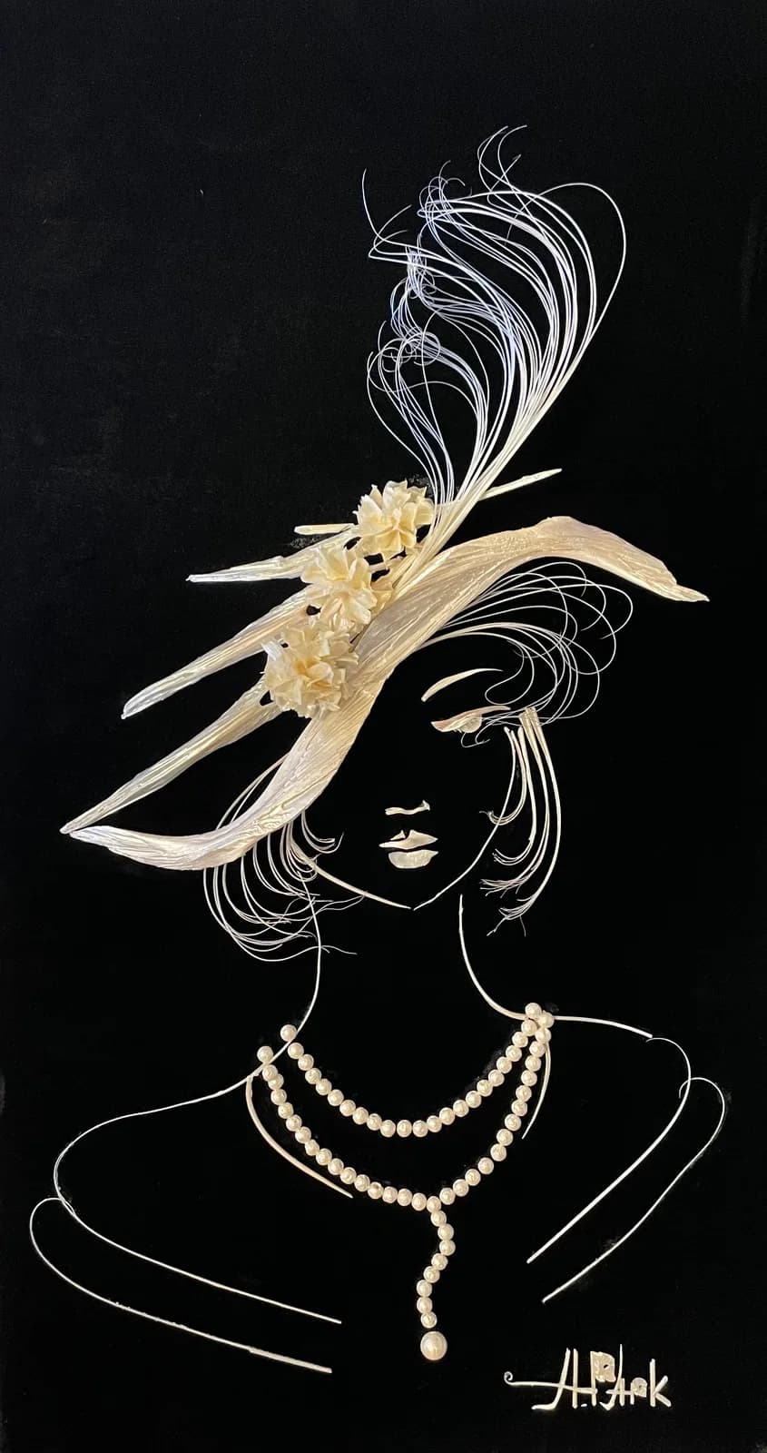 Stylized portrait of a woman wearing an elaborate botanical hat adorned with cream flowers and curved black line-work.