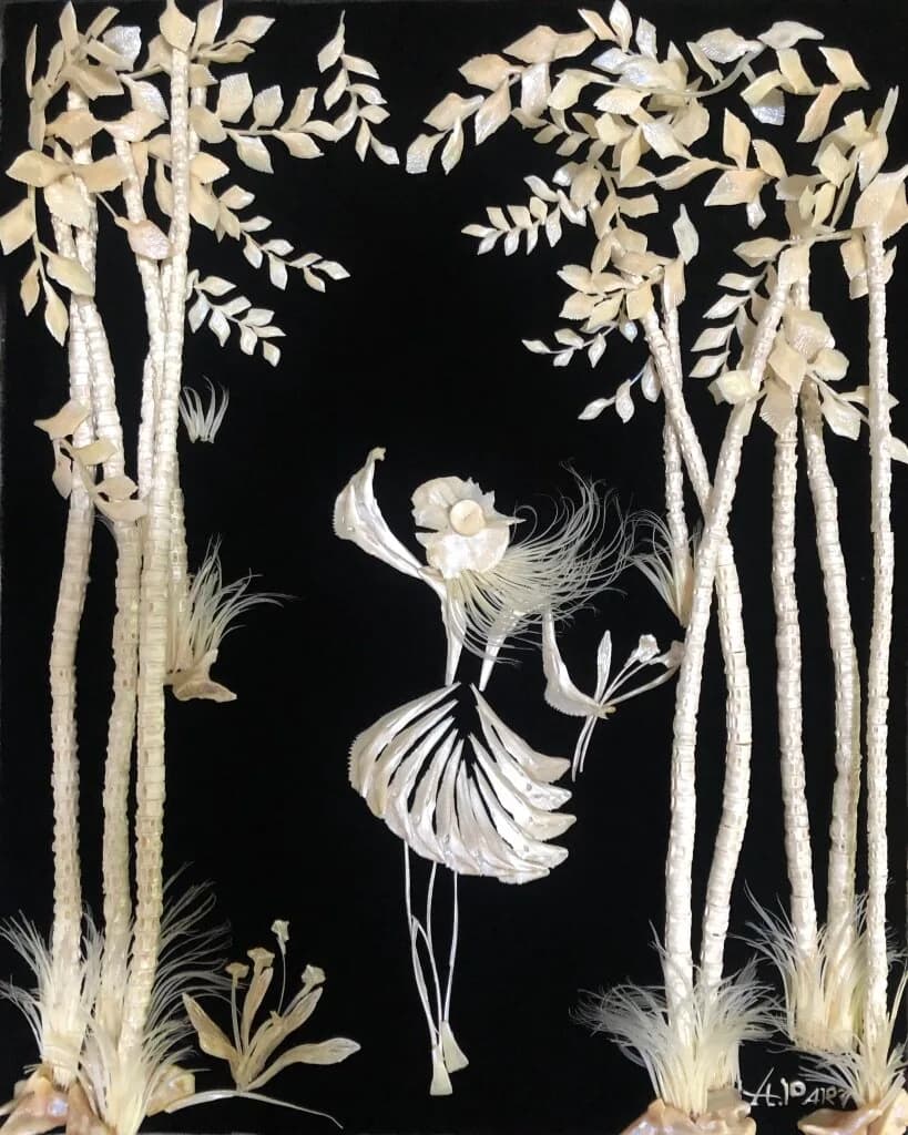 A pale figure in flowing dress dances among tall botanical forms rendered in ink and wash on black ground.