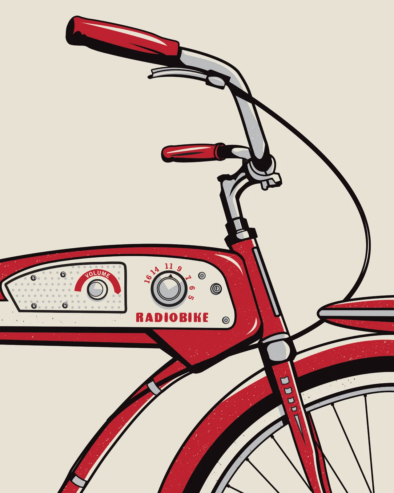 A red vintage bicycle with integrated radio dashboard, rendered in bold ink lines and flat colors.