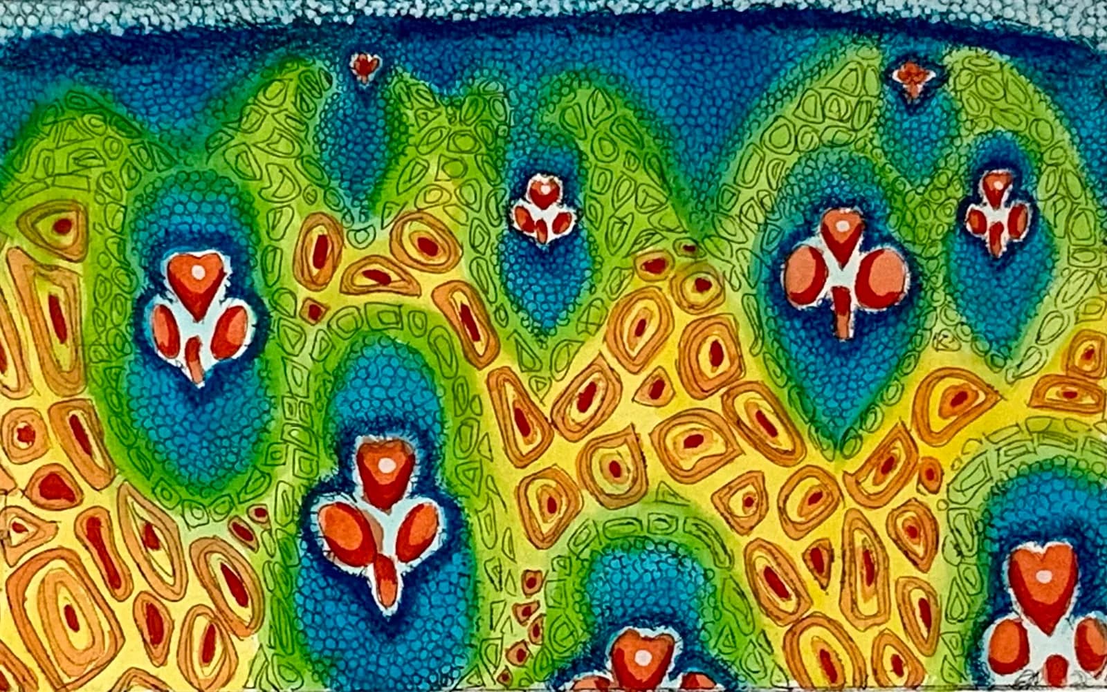 Stylized cacti with flowering hearts in vibrant acrylic, rendered in layered patterns and jewel-toned greens and blues.