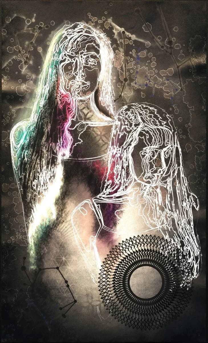 Two portrait figures rendered with neon line-work and geometric overlays against a dark, textured background.