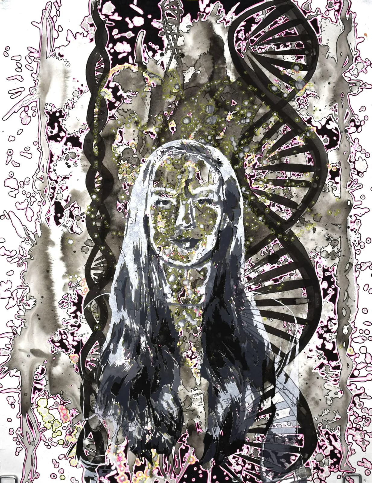 Portrait with long dark hair overlaid with DNA helices and botanical and biological imagery in mixed media.