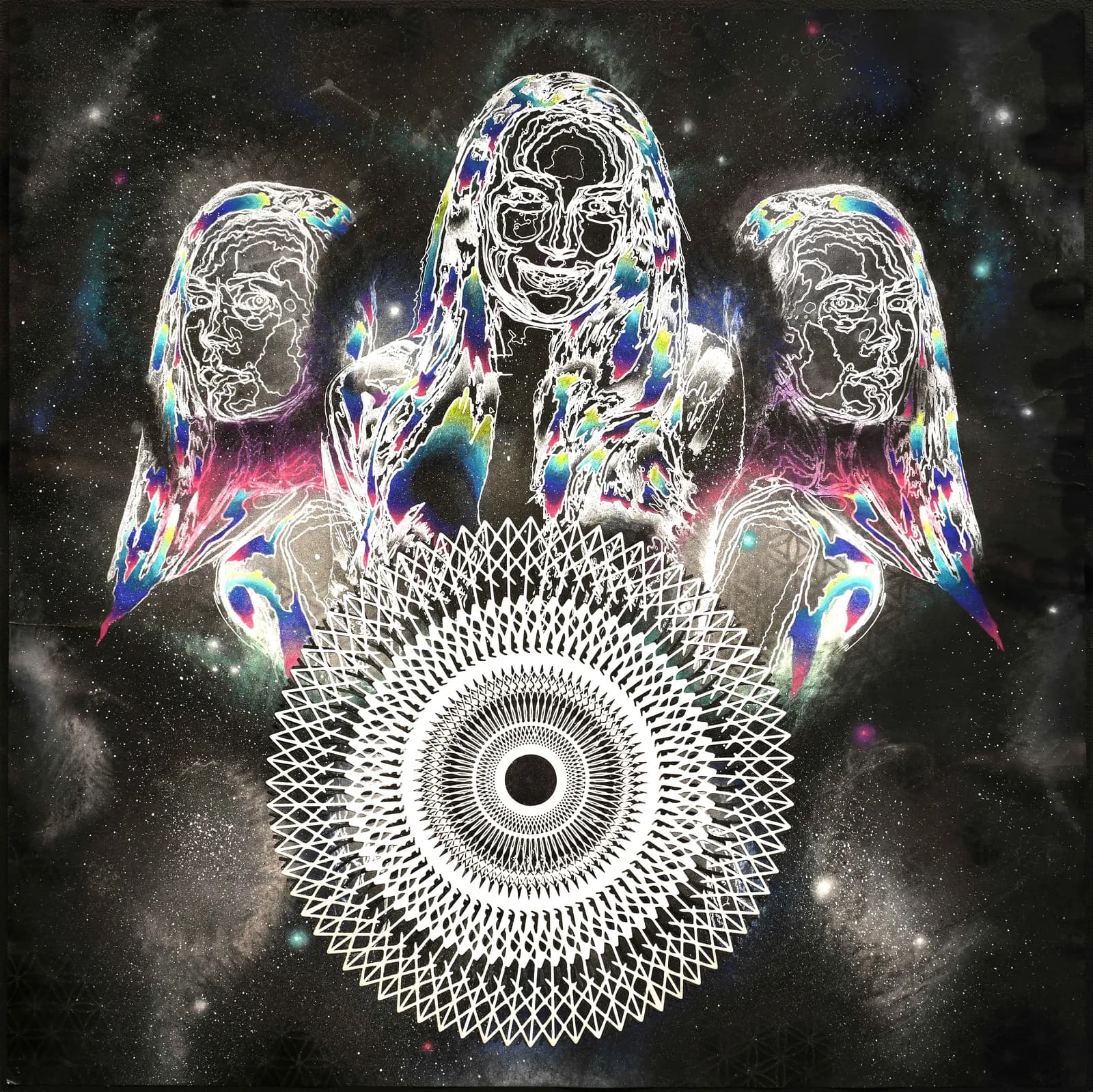 Three neon-outlined faces and concentric mandala with cosmic starfield background, digital composition.