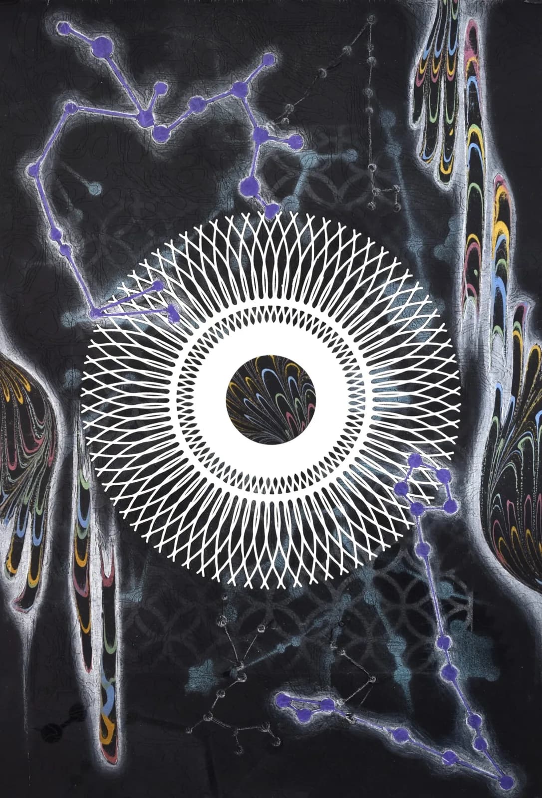 A surreal eye with geometric concentric rings and glowing purple energy, rendered in ink on dark paper.