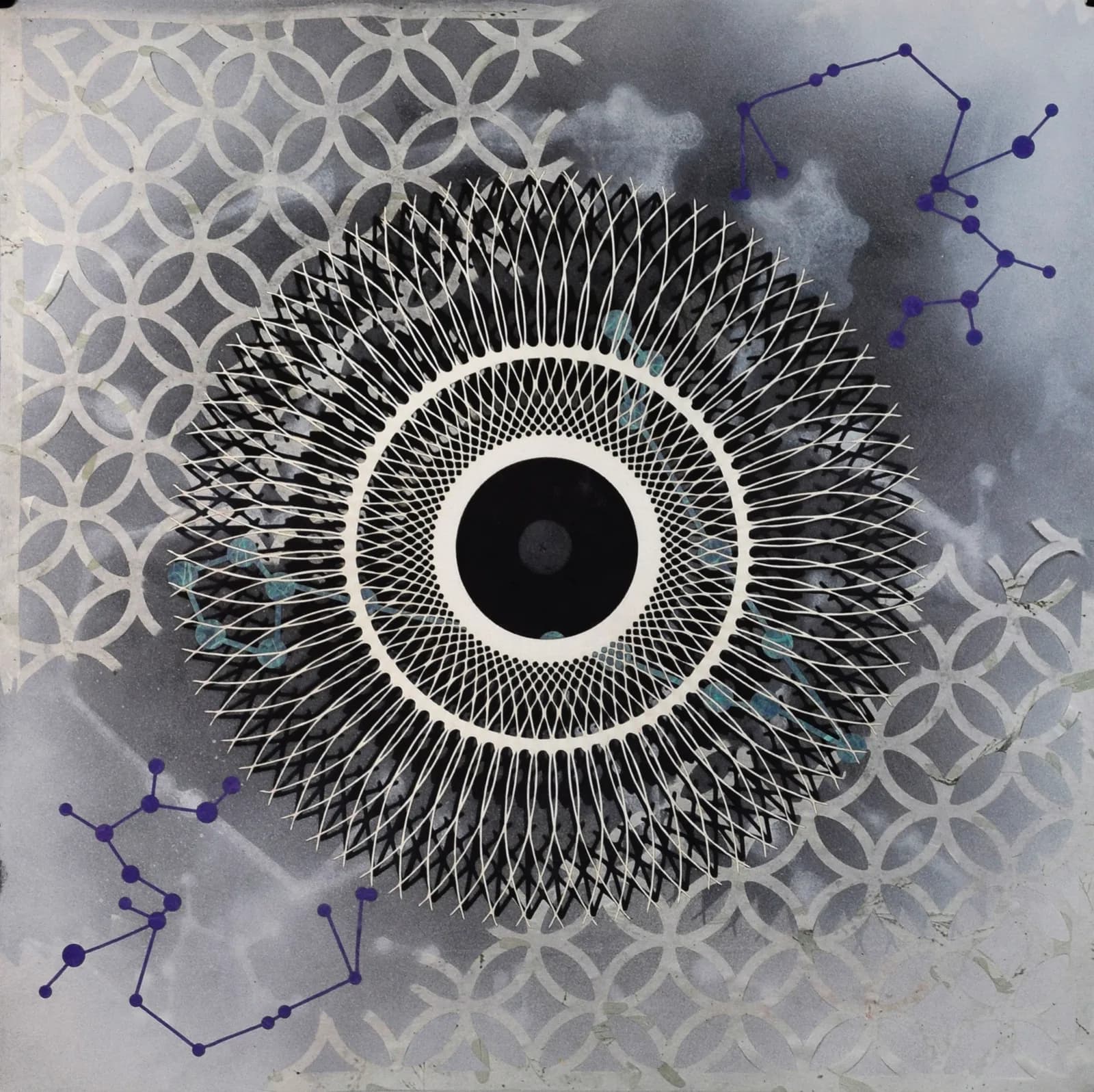 Concentric circular geometric forms with molecular diagrams layered on patterned paper.