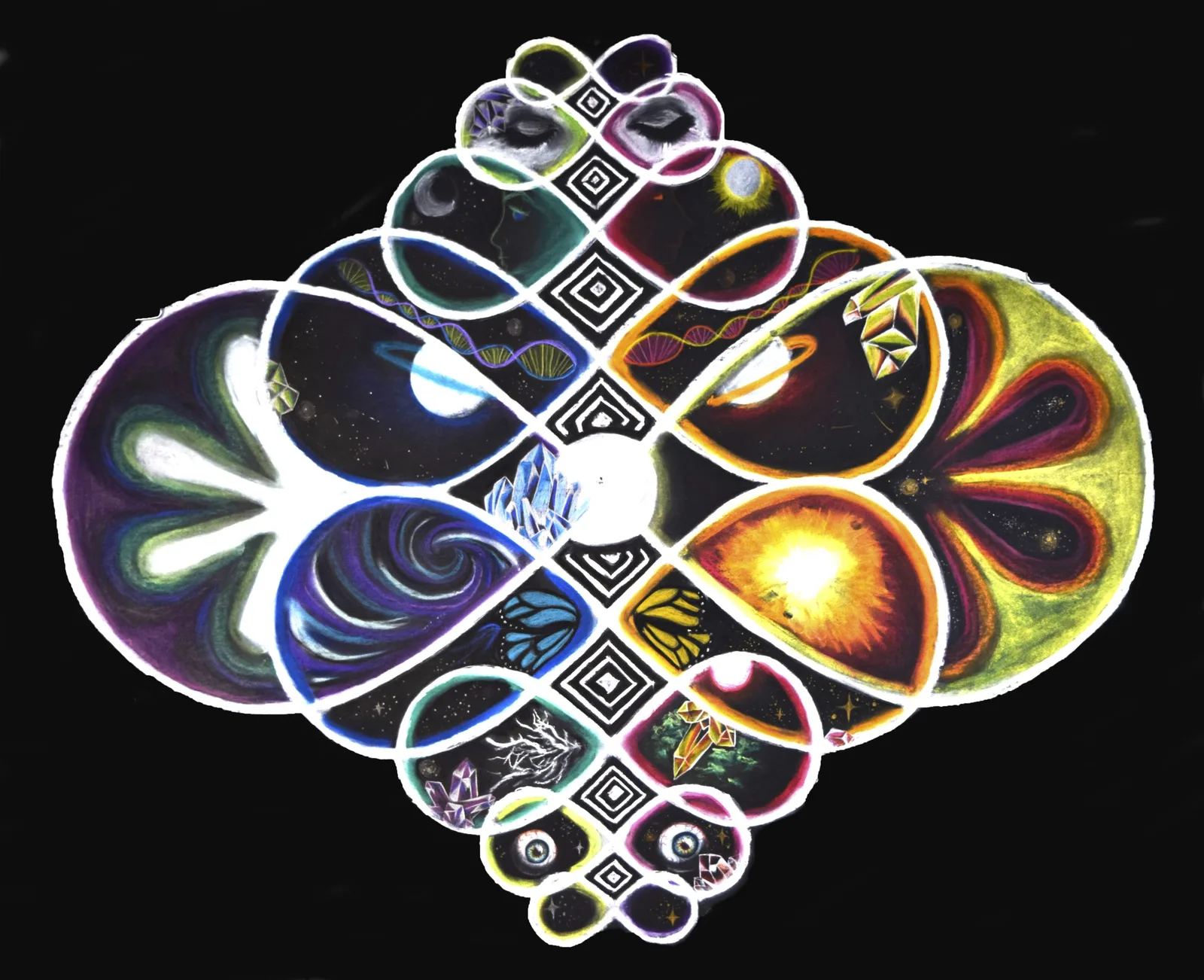 Symmetrical abstract mandala with neon-outlined geometric forms and cosmic imagery on a black ground.