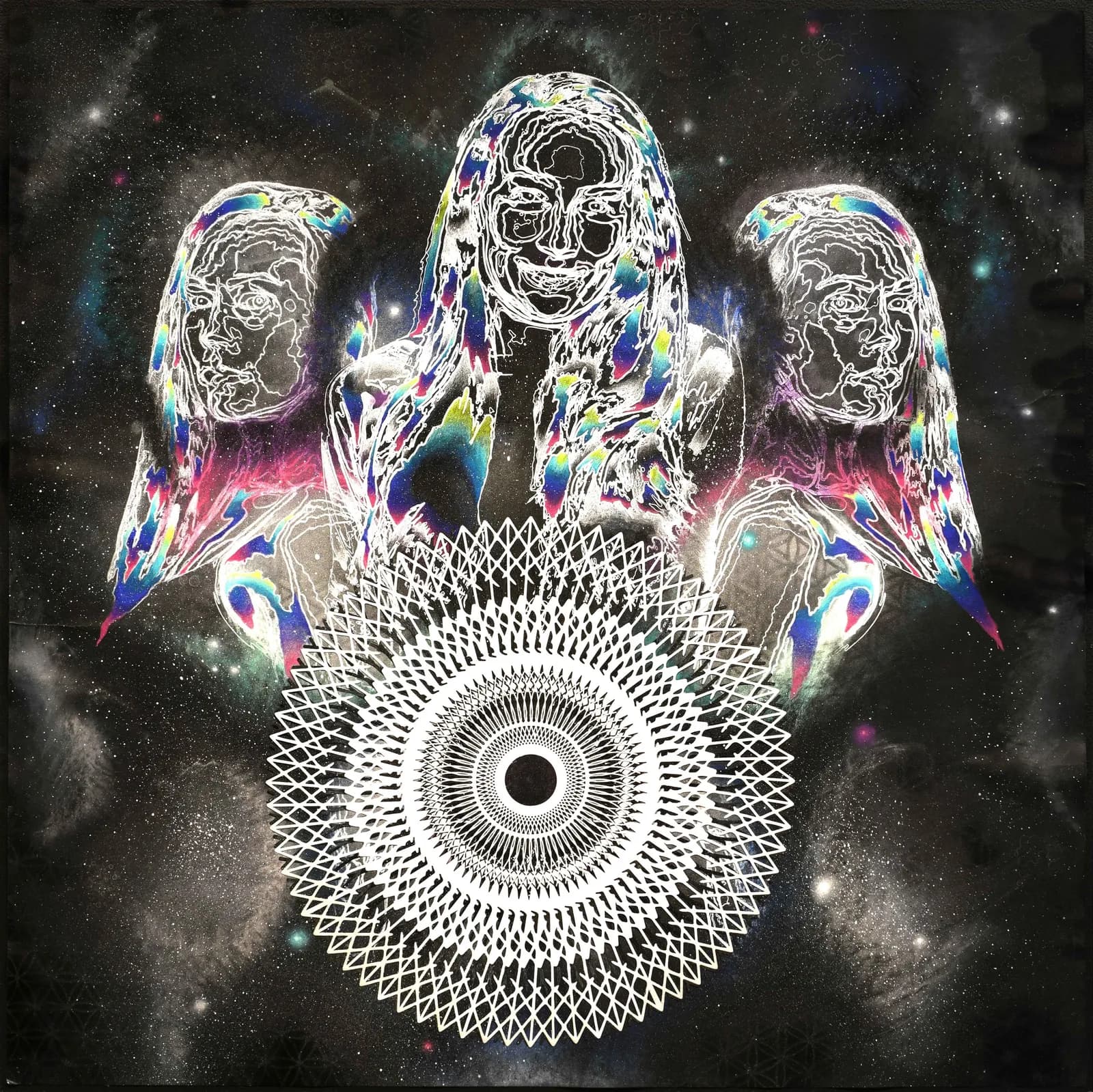 Three neon-outlined faces with iridescent overlays frame a geometric mandala eye against a starry void.