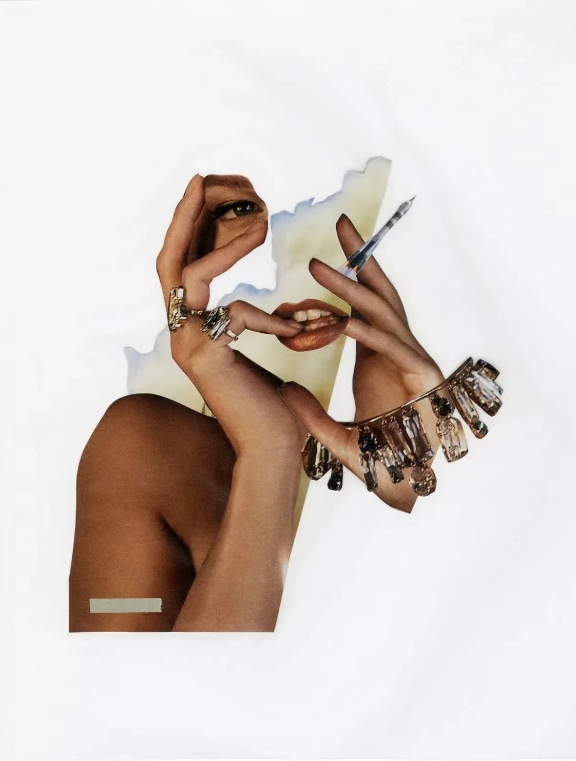 Mixed-media collage featuring hands with jewelry and paintbrush against abstracted facial profile.