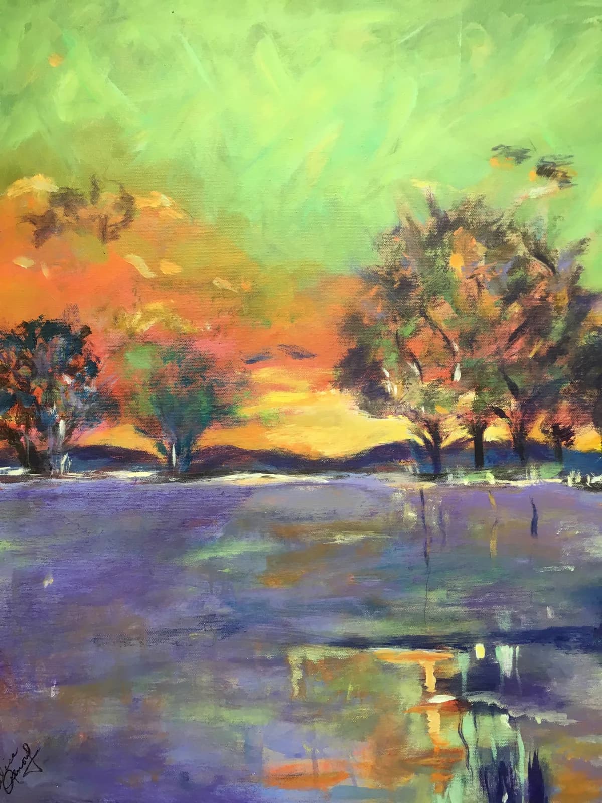 Landscape with trees reflected in still water at sunset, rendered in luminous acrylic with impressionistic brushwork.
