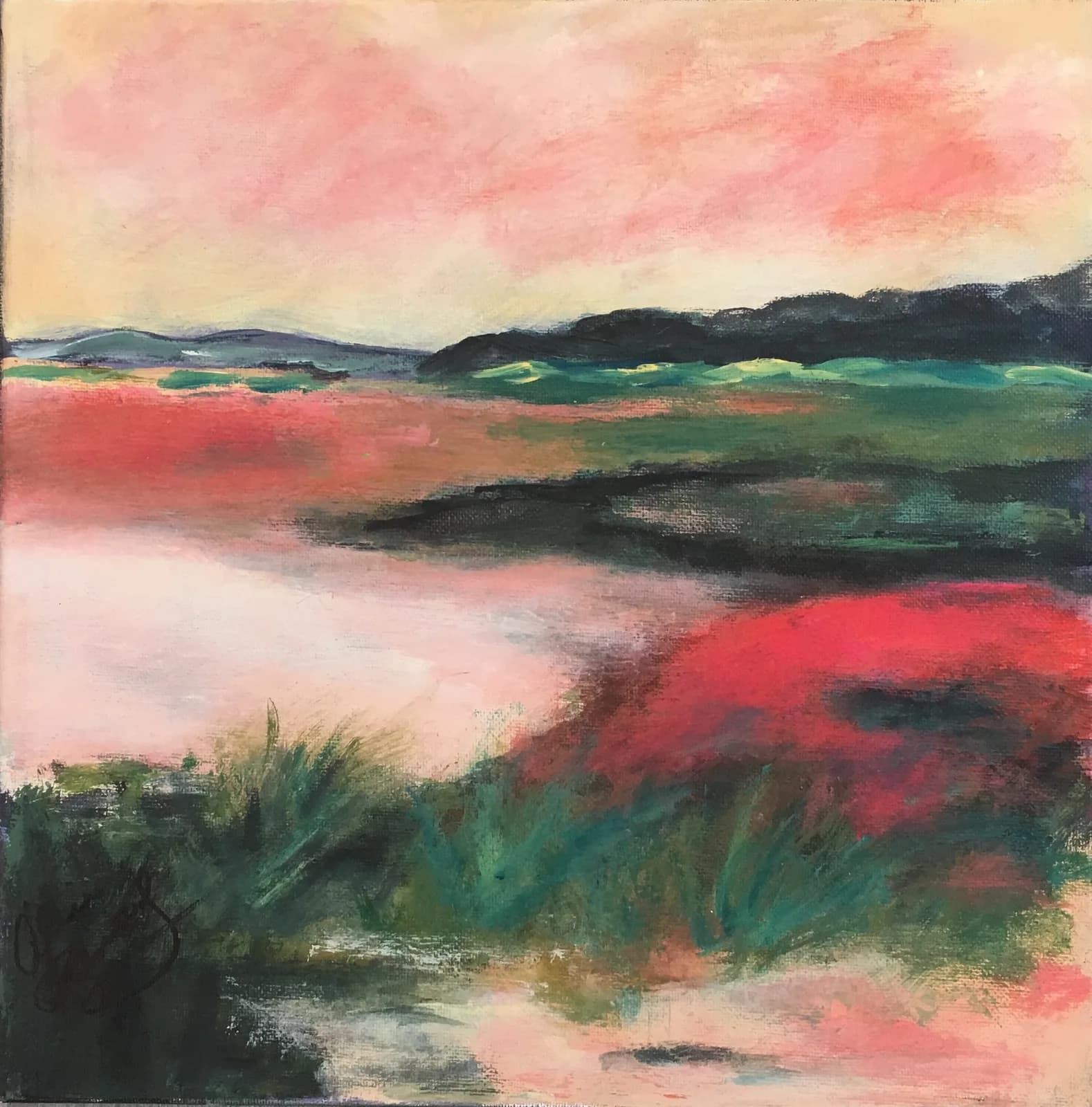 A marshland or coastal wetland with blooming red flora beneath a soft dawn sky, rendered in impressionistic acrylic.