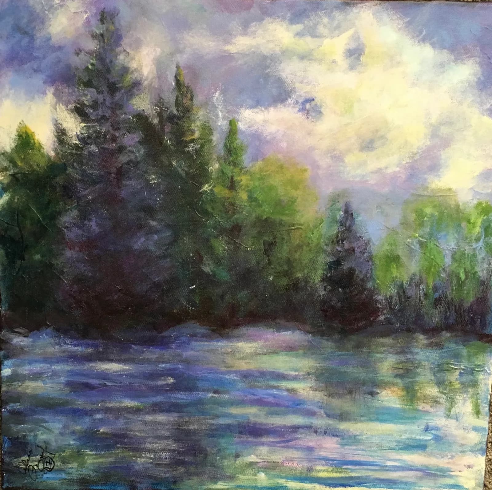 Forest and river landscape with evergreen trees and reflective water under a clouded sky, oil painting.