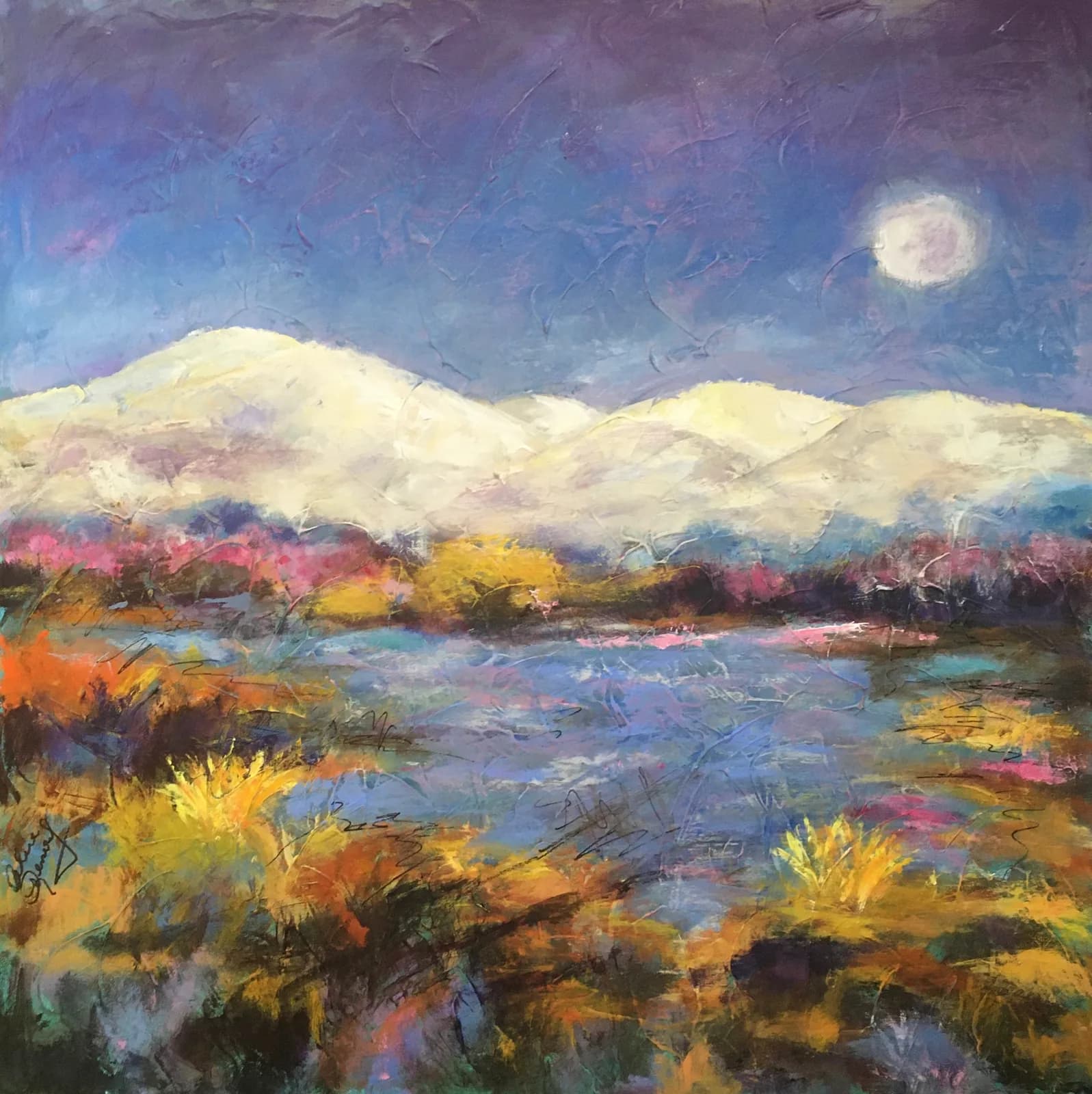 A moonlit landscape with snowy mountains, autumn-colored trees, and a reflective water channel, rendered in oil paint.