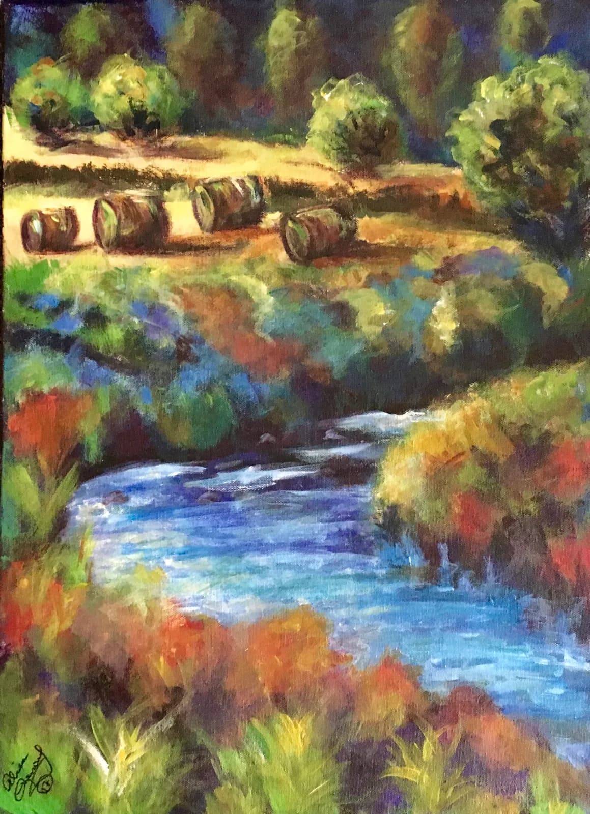 Pastoral landscape with hay bales, stream, and aspen grove rendered in warm and cool pastels.