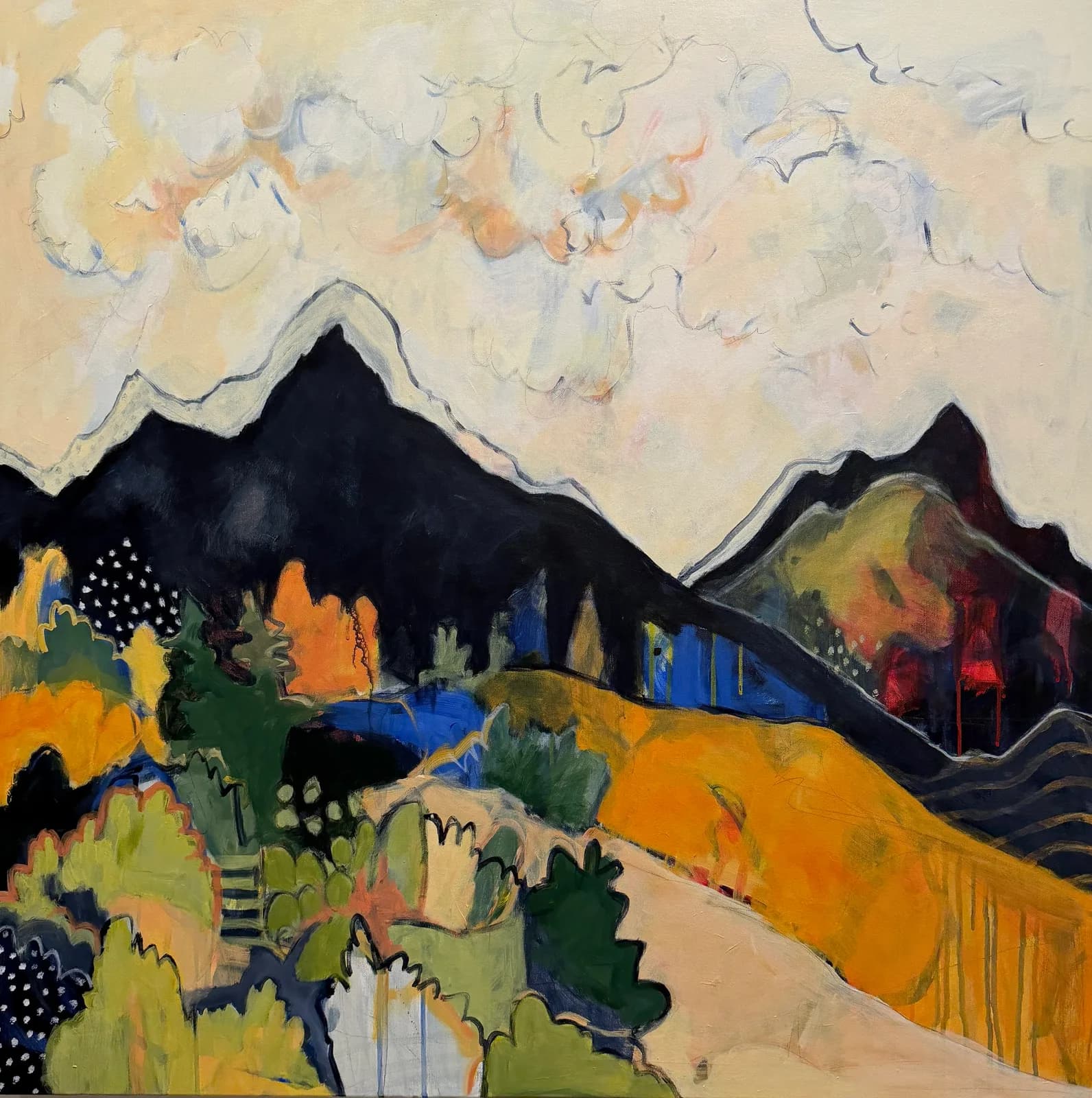 Oil painting of the Boulder Flatirons rendered in bold expressionist color and silhouetted peaks against a luminous sky.