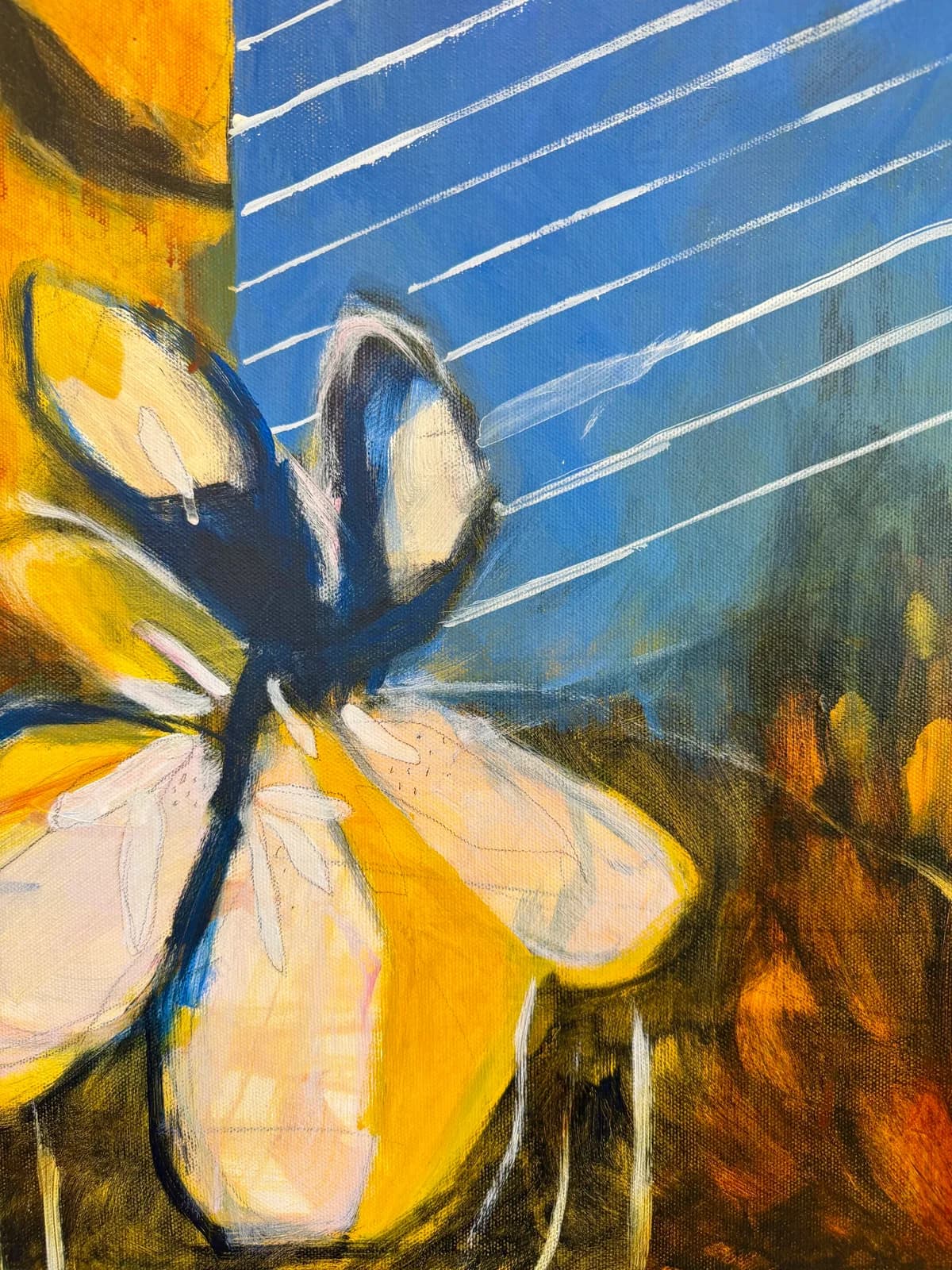 Abstract acrylic painting of a yellow and cream flower with geometric blue linear elements.