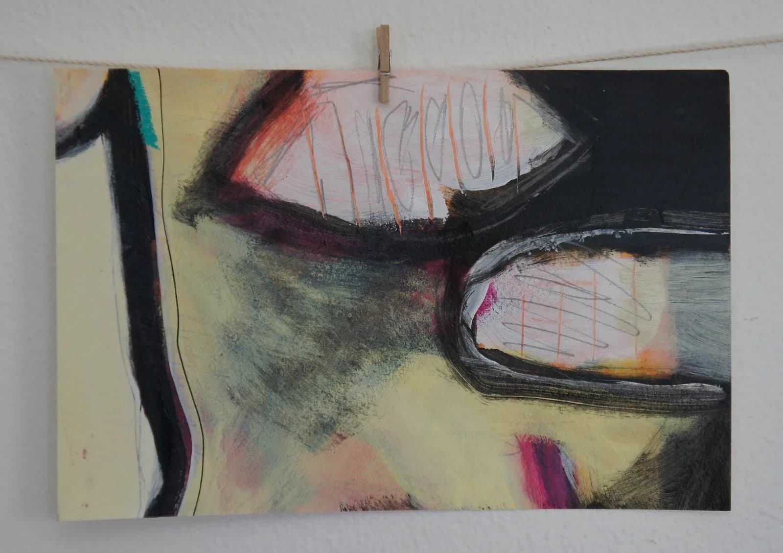 Abstract mixed-media composition combining charcoal, pastel, and linear drawing with warm and cool tones.
