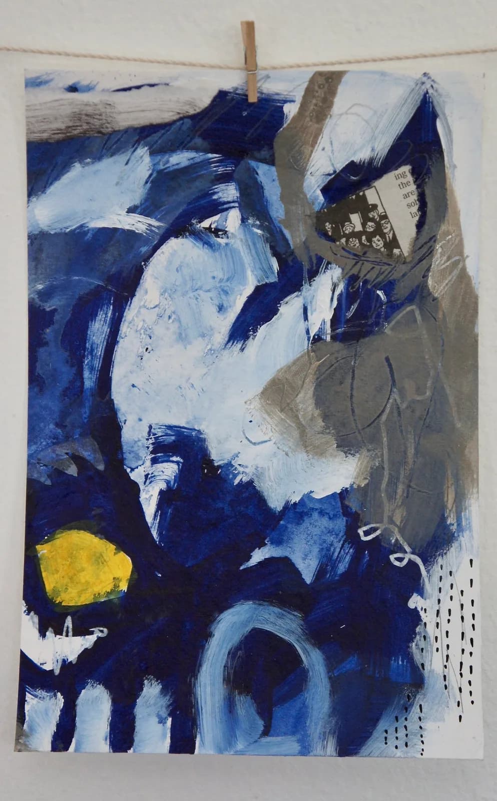 Abstract composition with bold blues, whites, and a yellow accent, combined with collage elements on paper.