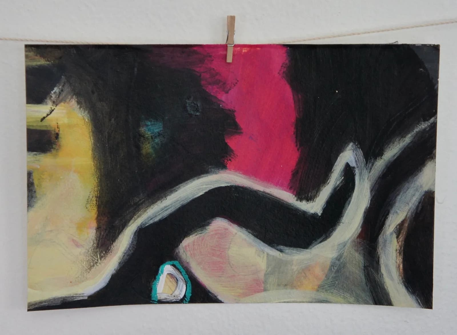 Abstract painting with bold magenta, yellow, and white gestural forms against black background.