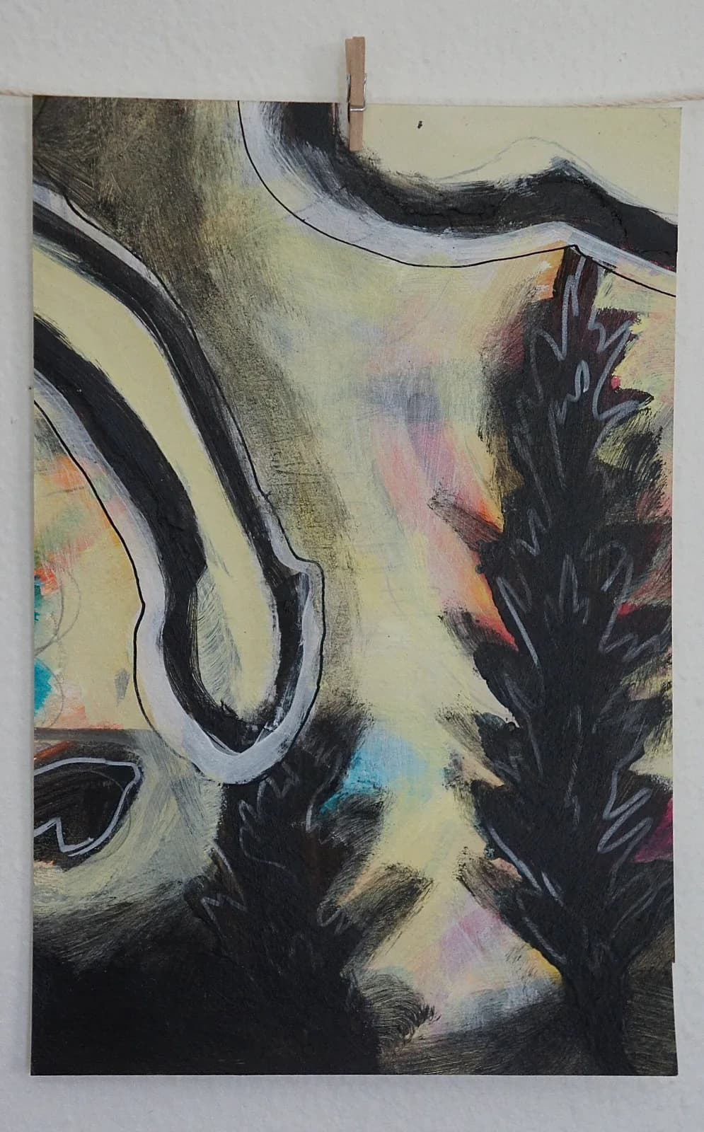 Abstract painting with sweeping black lines, layered acrylic pigment, and mixed gestural marks on cream ground.