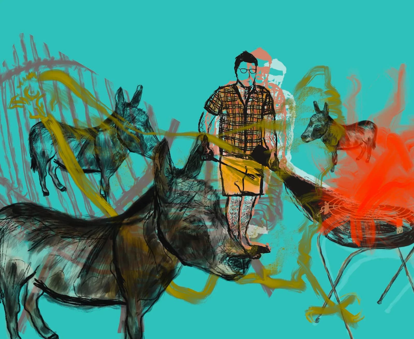 A layered mixed-media composition featuring a central figure surrounded by abstracted animals against a vibrant turquoise background.