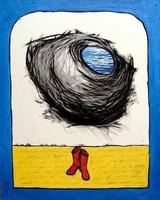 A giant dark eye with blue iris nests above red boots on a yellow ground against a blue border.