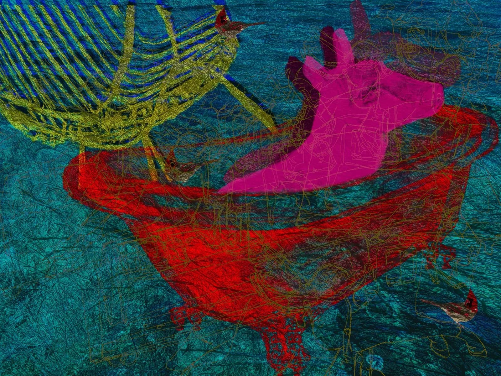 Abstract digital composition layering translucent vessels and organic forms in bold magenta, red, and blue.