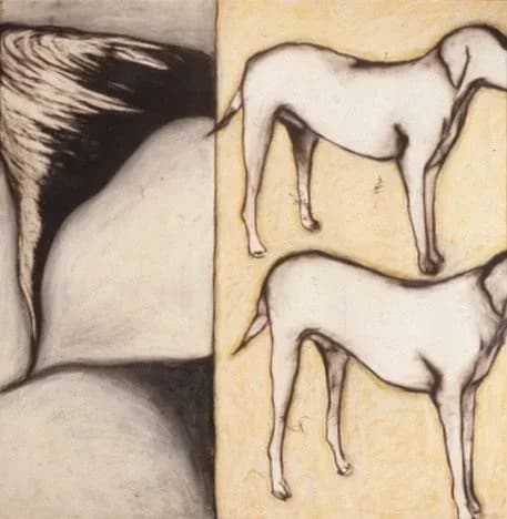 Split-panel ink drawing of abstracted dogs with surreal proportions and gestural marks.