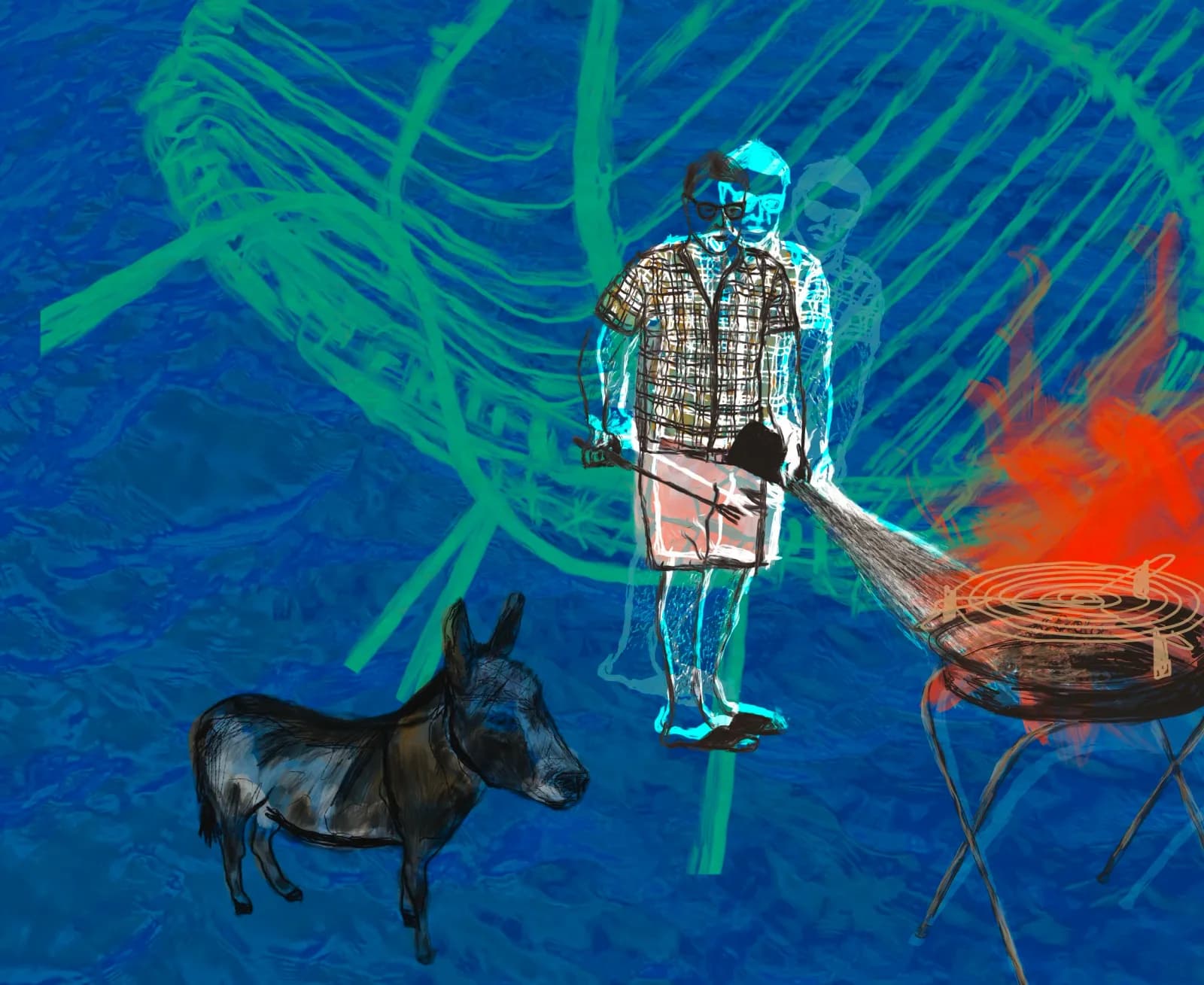 A figure in a checkered shirt and hat holds a rope beside a donkey against bright abstract blue-green and red backgrounds.