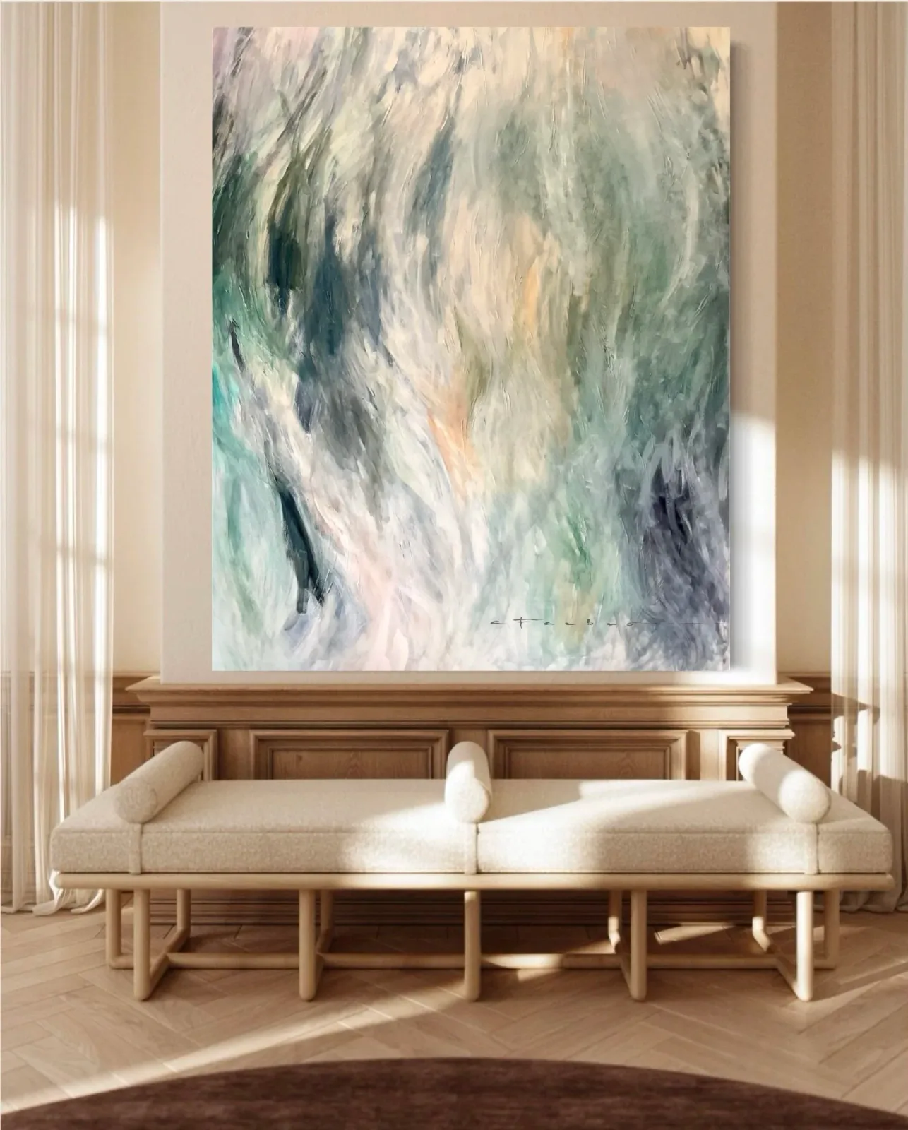 Large-scale abstract painting with layered gestural brushwork in muted greens, grays, and creams.