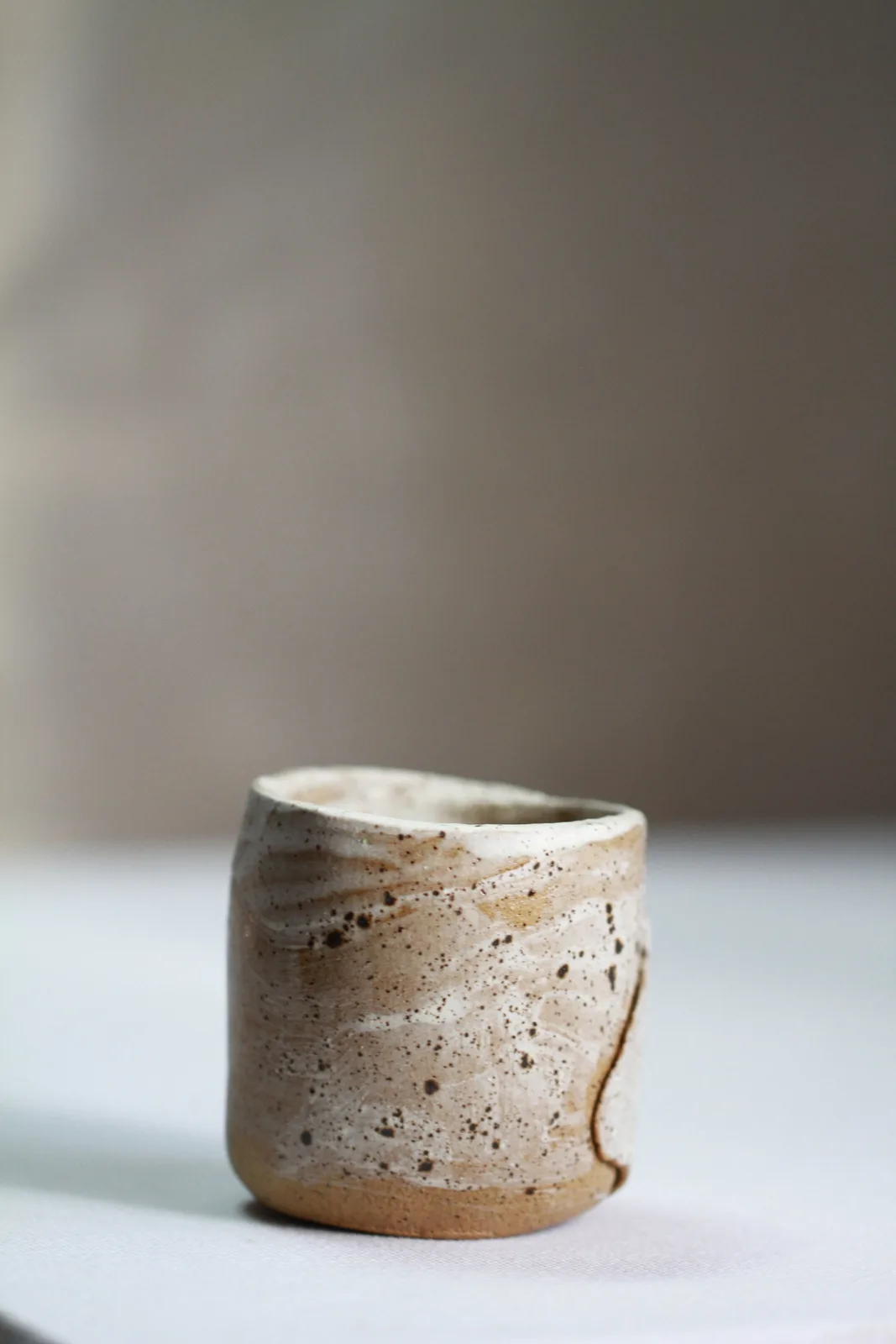 Handmade ceramic cup with speckled cream and earth-tone glaze and organic rim detail.