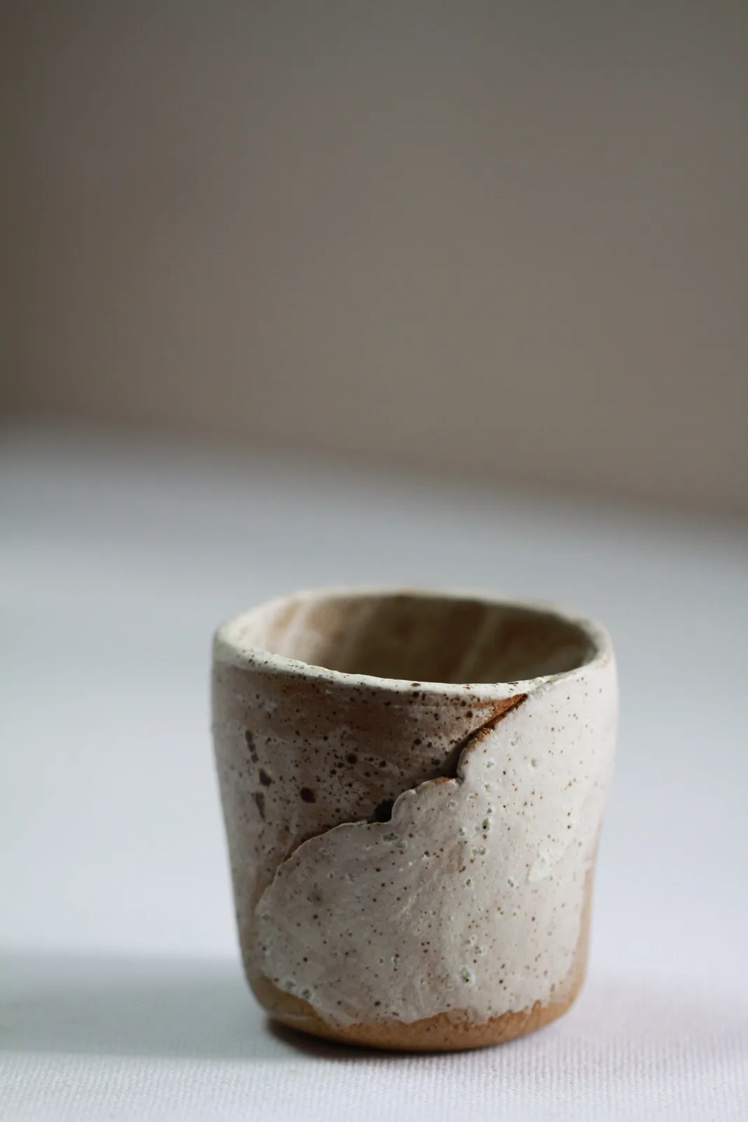 Speckled ceramic vessel with organic crack detail and subtle glazing.