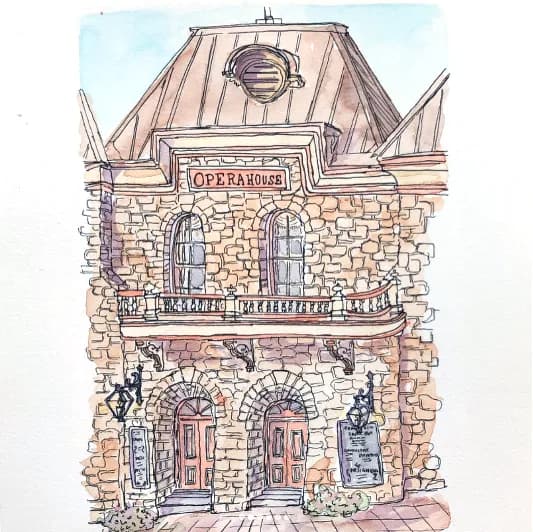 Ink and watercolor rendering of a historic stone opera house facade with arched entrances and mansard roof.
