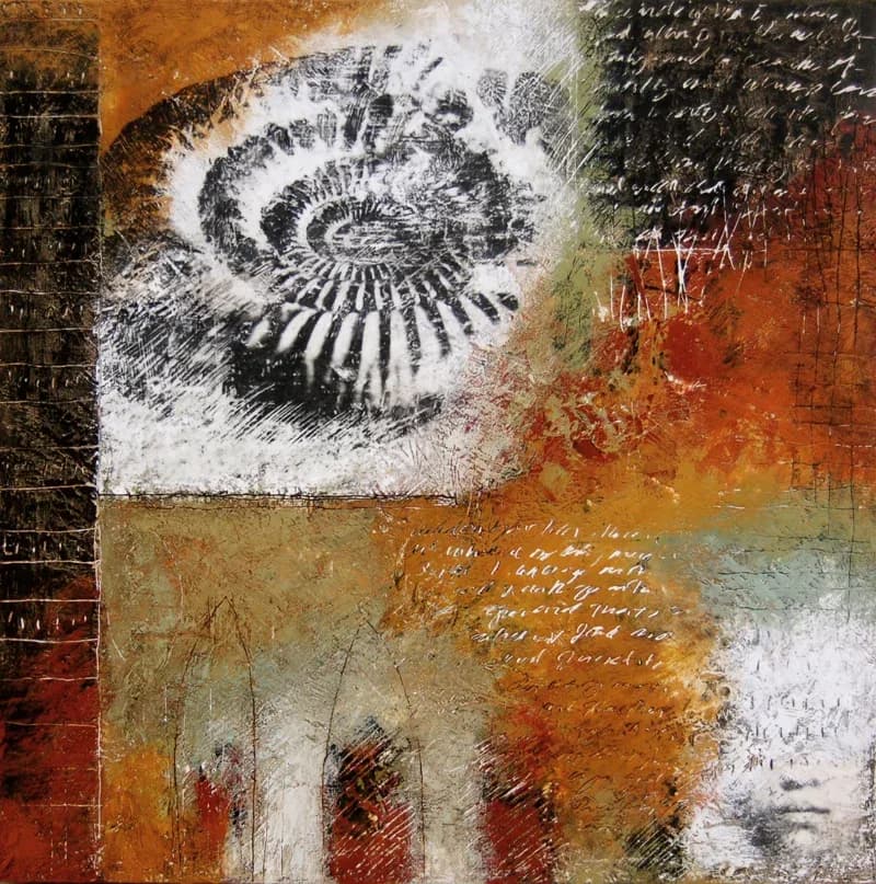 A spiral shell rendered in black and white sits atop warm earth-toned, layered mixed-media composition with text and botanical elements.
