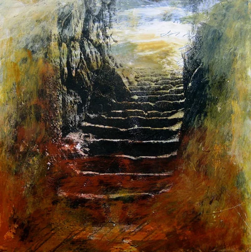 Stone stairway framed by weathered canyon walls beneath open sky, rendered in oil with warm earth tones and gestural texture.