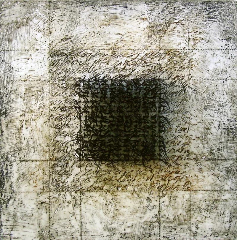 Layered abstract printwork in monochromatic tones with gestural mark-making and a dark center square.