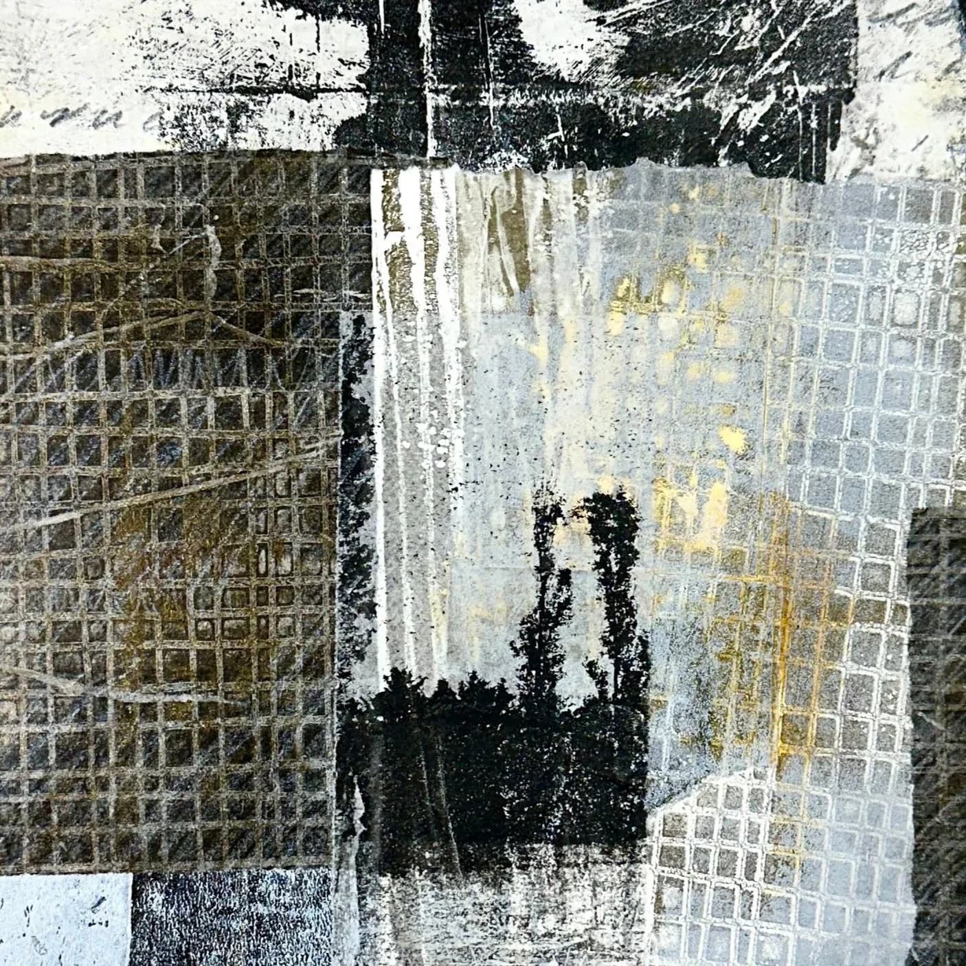 Layered abstract printmaking with grid patterns, white striations, and black gestural marks on paper.