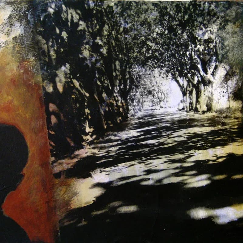 A tree-lined rural road with dappled shadows and filtered light, rendered in acrylic with photorealistic detail.
